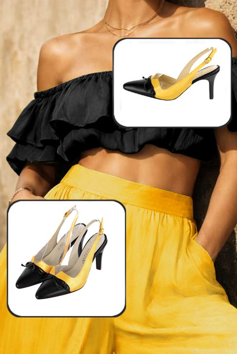 Women's satin black and yellow elegant slingback heels, with a bow on the front. Tapered toe. High slim heel - Worn view